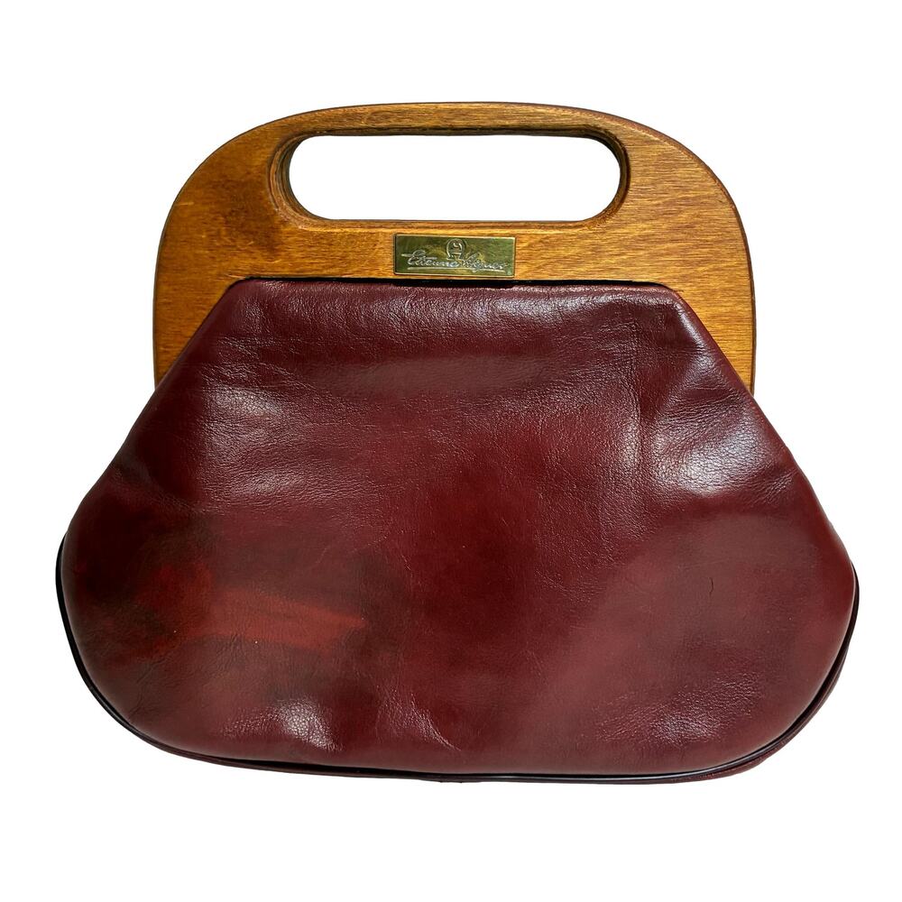 Rare 70s Etienne Aigner Oxblood Leather Wood Top Handle Bag Clutch Purse